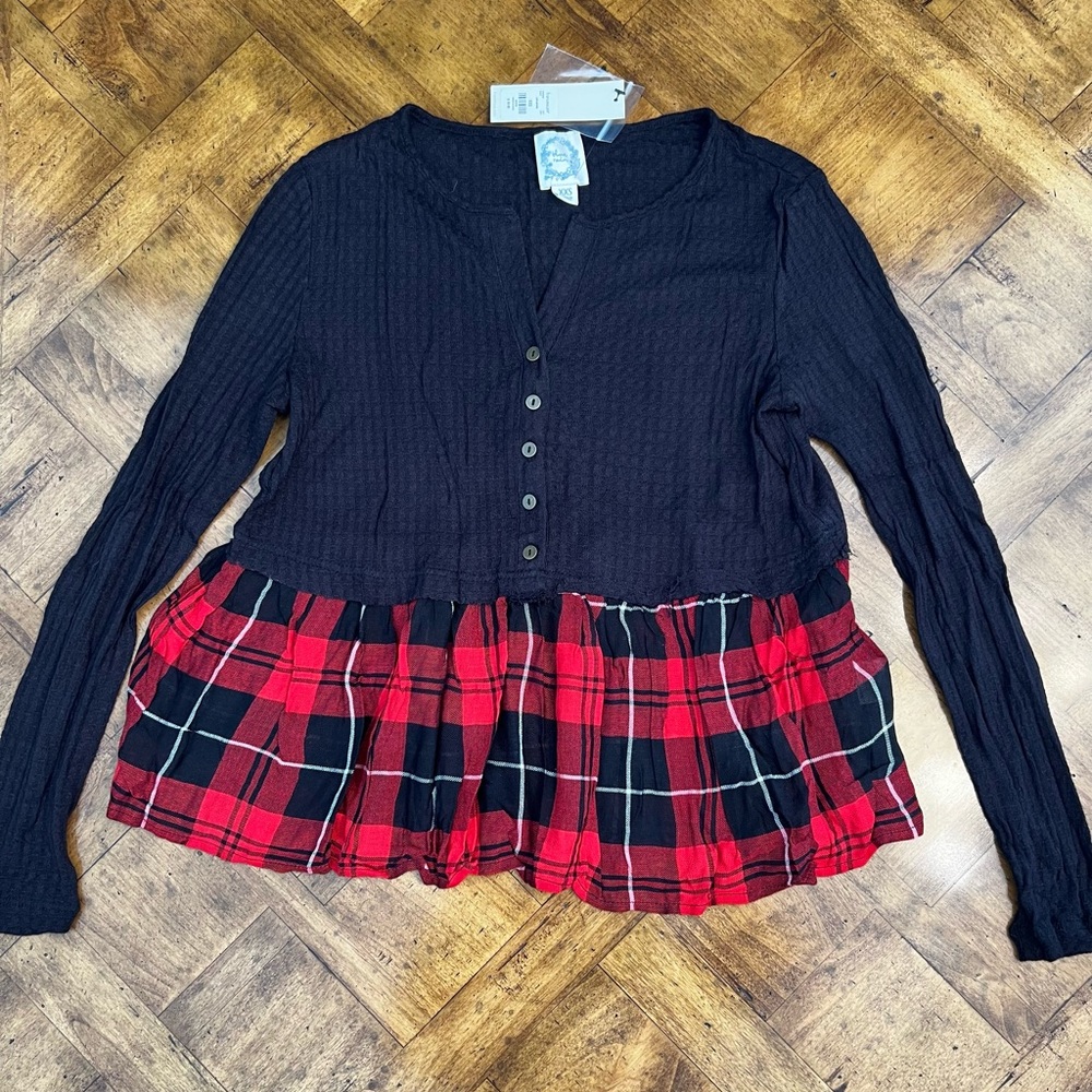 Black and Red Plaid Button-Up Top